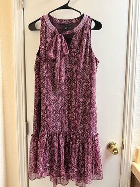 White House Black Market Burgundy Pink Floral Chiffon Ruffel Hem Dress